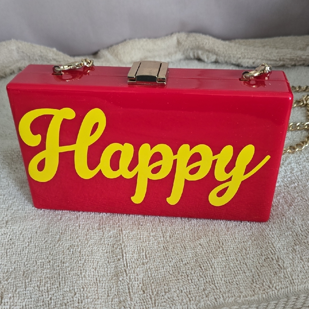 Red 'Happy' Acrylic Box Clutch with Gold Chain